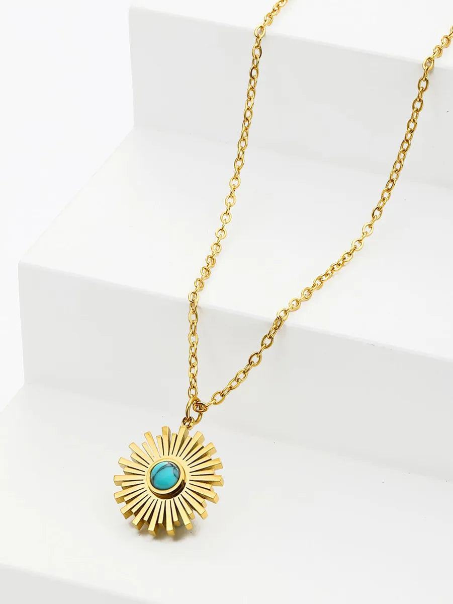 Stainless Steel 18K Gold Plated Retro Sun Oval Inlay Natural Stone Zircon Pendant Necklace