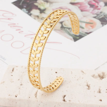 Stainless Steel 18K Gold Plated Rose Gold Plated Elegant Punk Shiny Leaves Hollow Out Bangle