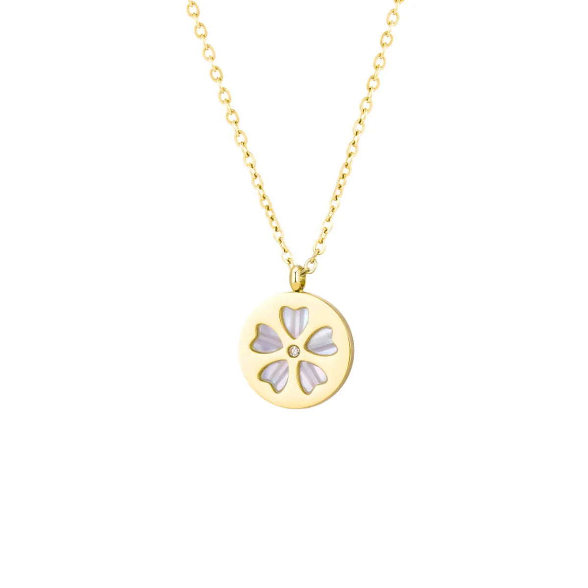 Stainless Steel 18K Gold Plated Rose Gold Plated IG Style Elegant Sweet Flower Petal Polishing Inlay Rhinestones Shell Pendant Necklace