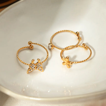 Stainless Steel 18K Gold Plated Simple Style Flower Butterfly Plating Inlay Rhinestones Rings