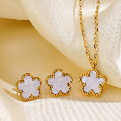 Stainless Steel 18K Gold Plated Simple Style Flower Inlay Shell Earrings Necklace