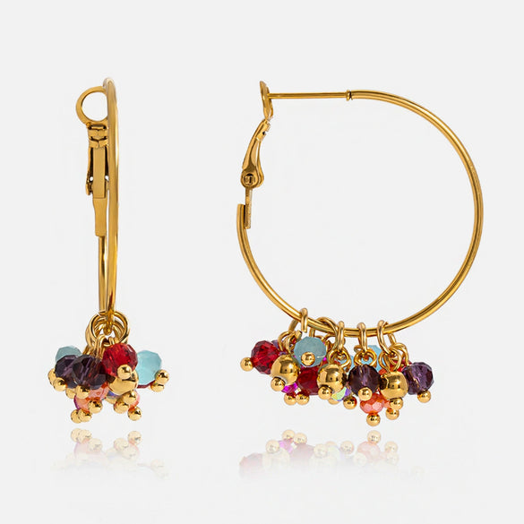 Stainless Steel And Colored Glass Beads Pendant Tassel Earrings With Geometric Pattern And Electroplating Design