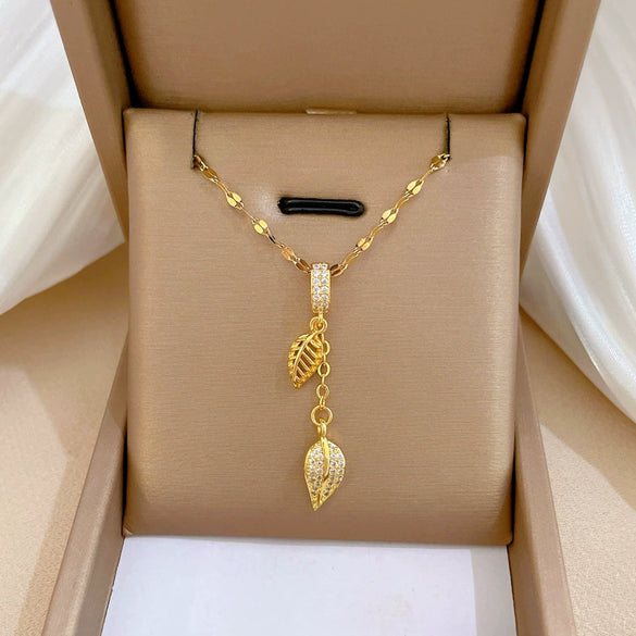 Stainless Steel And Copper Cartoon Natural Geometric Tassel Leaf Zircon Clavicle Necklace