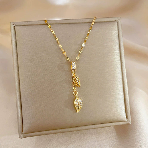 Stainless Steel And Copper Cartoon Natural Geometric Tassel Leaf Zircon Clavicle Necklace