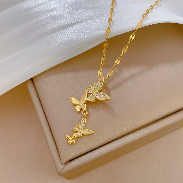 Stainless Steel And Copper Geometric Butterfly Tassel Light Luxury Elegant Gorgeous Diamond Unisex Necklace