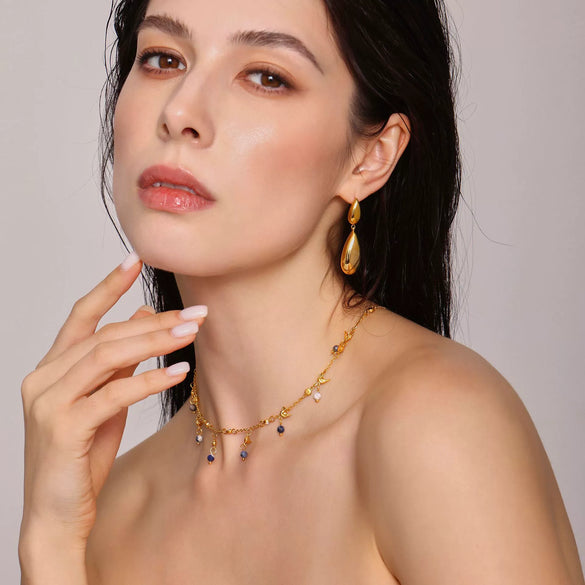 Stainless Steel And Freshwater Pearl Jewelry Set With Double Water Drop Pendant Earrings And Necklace Minimalist Geometric Style Electroplated
