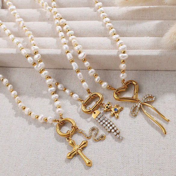 Stainless Steel And Freshwater Pearl Love Pendant Bracelet And Necklace 316L Stainless Steel Electroplating Fashion Style Women's
