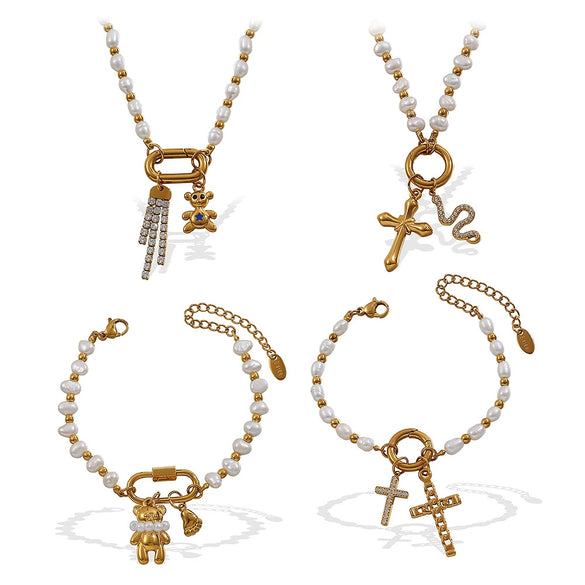 Stainless Steel And Freshwater Pearl Love Pendant Bracelet And Necklace 316L Stainless Steel Electroplating Fashion Style Women's