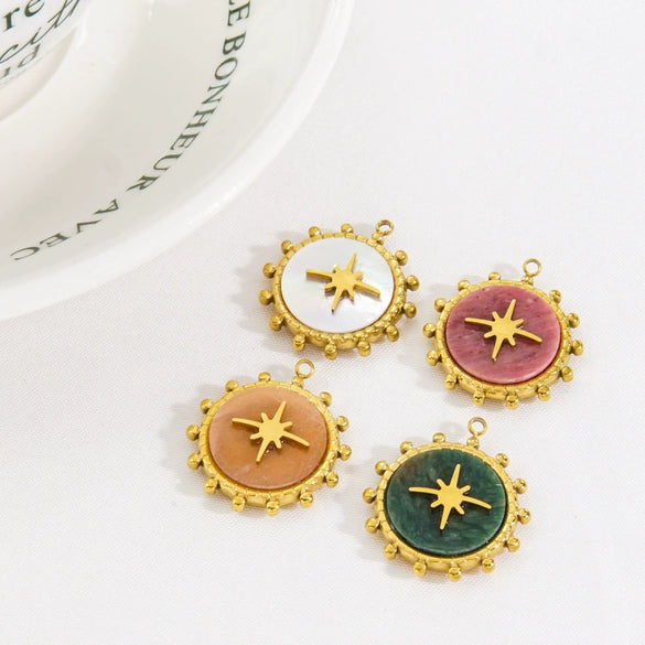 Stainless Steel And Natural Stone Pendant Necklace With Round Shape And Vacuum In Furnace Electroplating