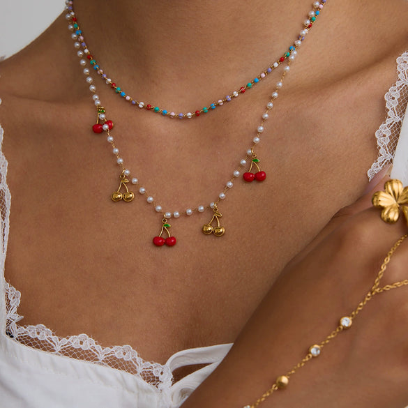 Stainless Steel And Pearl Necklace Titanium Steel Colorfree Light Luxury Cherry Design Clavicle Chain Electroplating