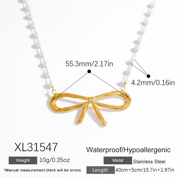 Stainless Steel And Pearl Women's Fashion Clavicle Chain And Bracelet Set With French Bow And Butterfly Design Electroplated