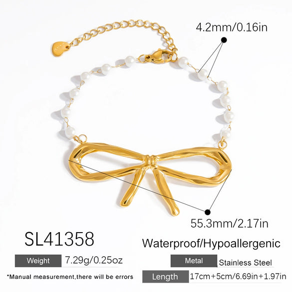 Stainless Steel And Pearl Women's Fashion Clavicle Chain And Bracelet Set With French Bow And Butterfly Design Electroplated