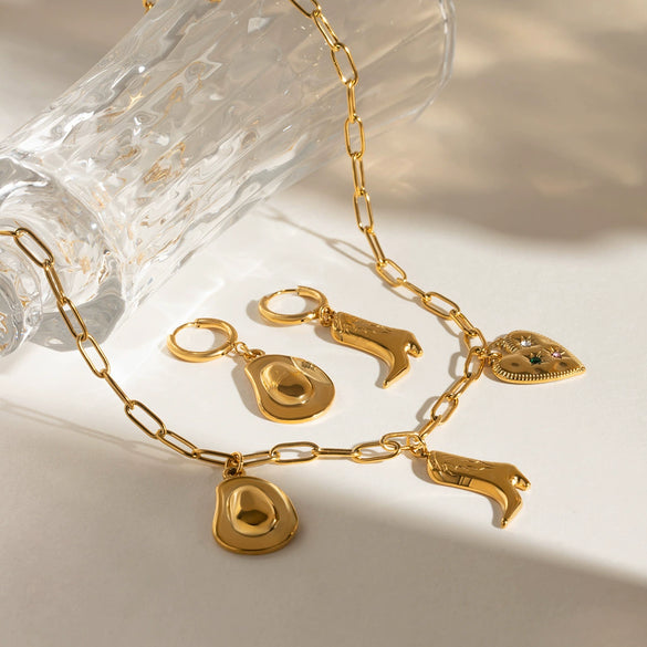 Stainless Steel And Titanium Steel Boots And Cowboy Hat Pendant Necklace And Earrings With Electroplating Women's Style