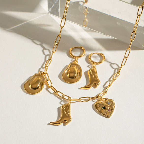 Stainless Steel And Titanium Steel Boots And Cowboy Hat Pendant Necklace And Earrings With Electroplating Women's Style