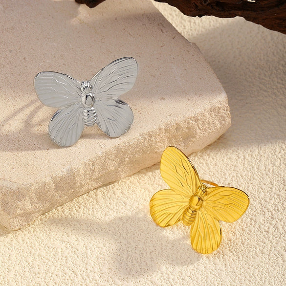 Stainless Steel And Titanium Steel Butterfly Open Ring Jewelry With Polished Electroplating For Women