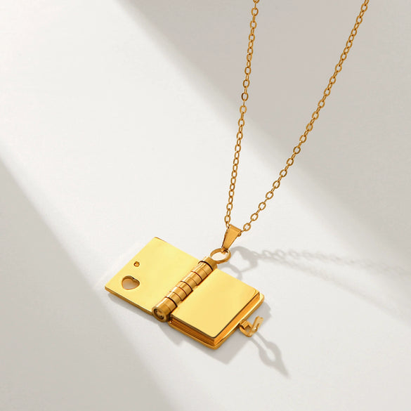 Stainless Steel And Titanium Steel Couple Book Pendant Necklace With Geometric Pattern Electroplated For Women