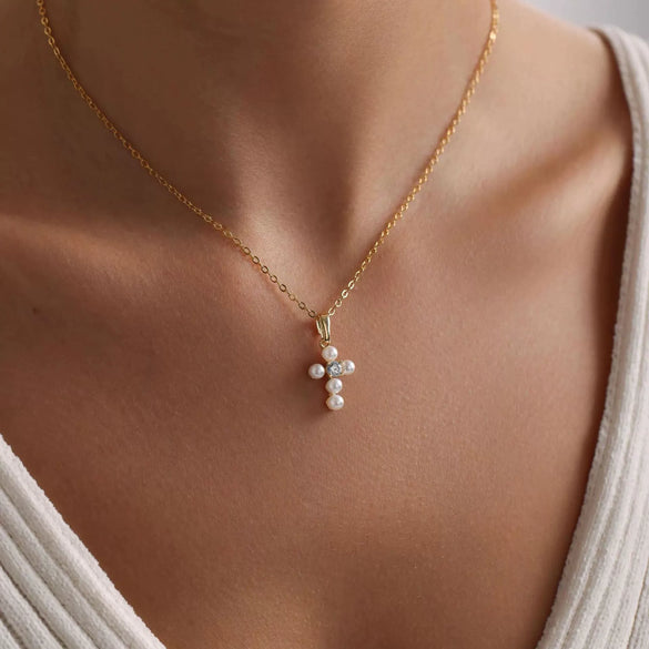 Stainless Steel And Titanium Steel Cross Necklace With Natural Baroque Specialshaped Pearl Set With Zircon Diamonds And Letters Numbers Text Pattern