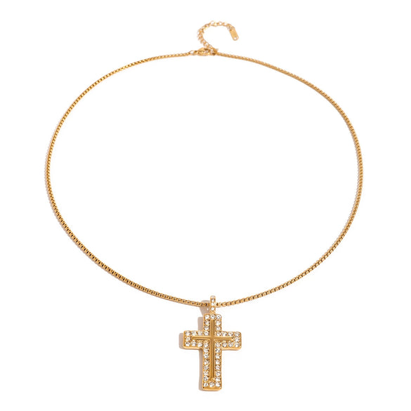 Stainless Steel And Titanium Steel Cross Pendant Necklace With Zircon Electroplated Jewelry