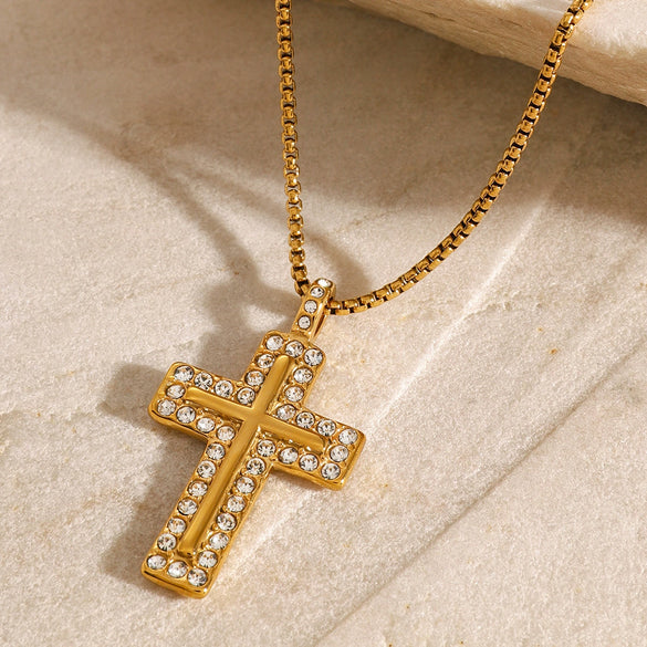 Stainless Steel And Titanium Steel Cross Pendant Necklace With Zircon Electroplated Jewelry