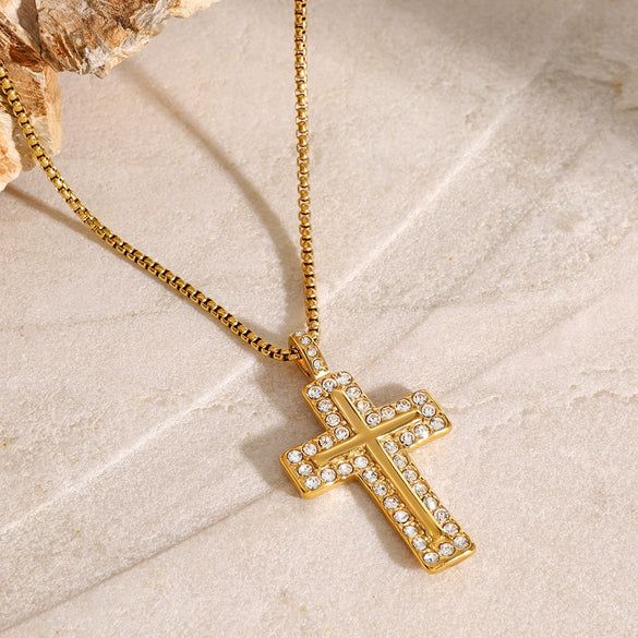 Stainless Steel And Titanium Steel Cross Pendant Necklace With Zircon Electroplated Jewelry