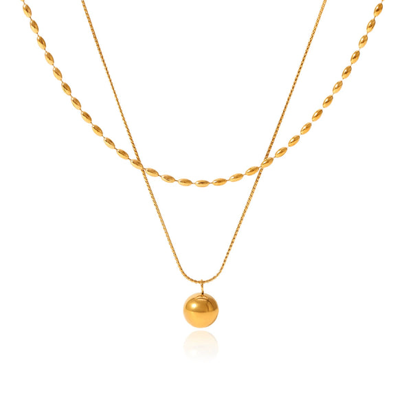 Stainless Steel And Titanium Steel Double Layer Necklace With Oval Bead Chain Twist Chain And Small Gold Ball Pendant Geometric Pattern Electroplating Design For Women