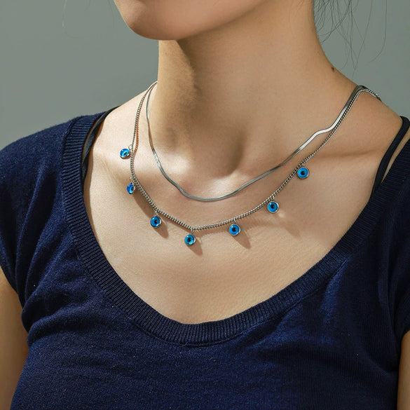 Stainless Steel And Titanium Steel Doublelayer Pendant Necklace For Women With Blue Devil's Eye Design And Electroplating Technique