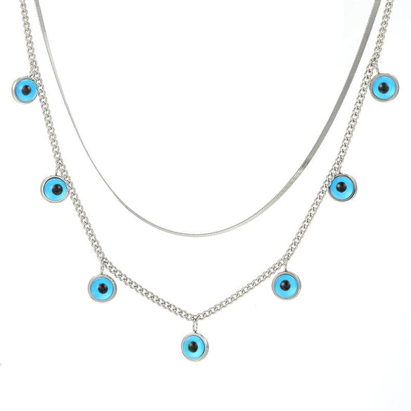 Stainless Steel And Titanium Steel Doublelayer Pendant Necklace For Women With Blue Devil's Eye Design And Electroplating Technique
