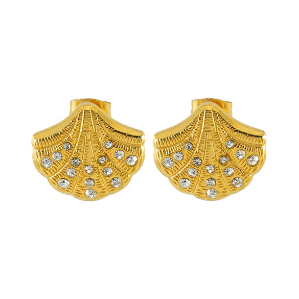 Stainless Steel And Titanium Steel Earrings Necklace Suit For Women With Shell Fanshaped Pattern And Diamondembedded Fashion Design And Electroplating Treatment