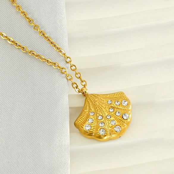 Stainless Steel And Titanium Steel Earrings Necklace Suit For Women With Shell Fanshaped Pattern And Diamondembedded Fashion Design And Electroplating Treatment