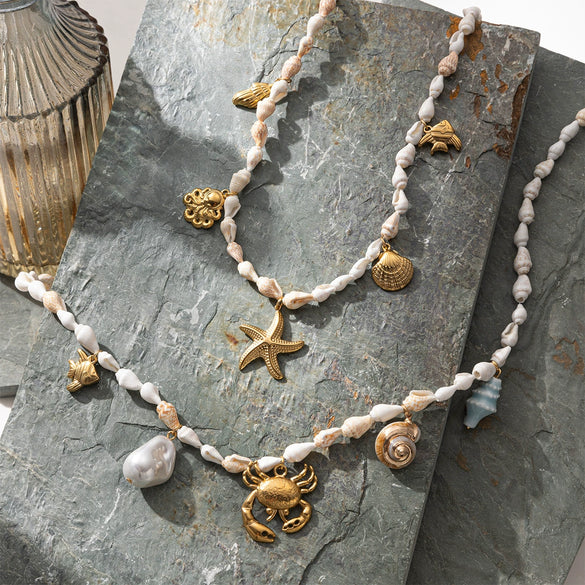 Stainless Steel And Titanium Steel Electroplated Starfish Crab Cross Pendant Necklace For Women