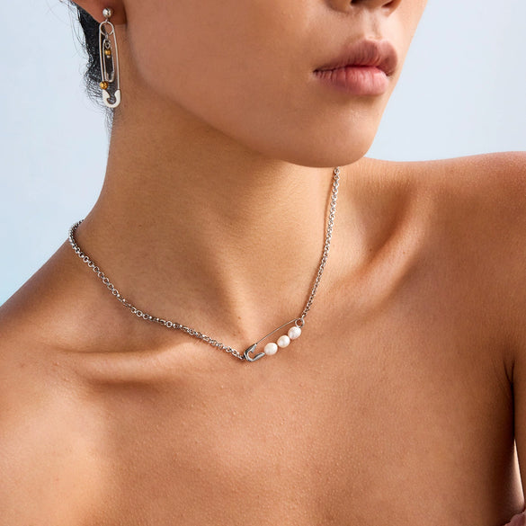 Stainless Steel And Titanium Steel Freshwater Pearl Geometric Design Electroplating Necklace For Women