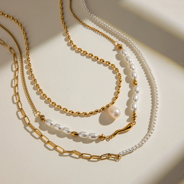 Stainless Steel And Titanium Steel Freshwater Pearl Multilayer Necklace With Geometric Design And Electroplating For Women