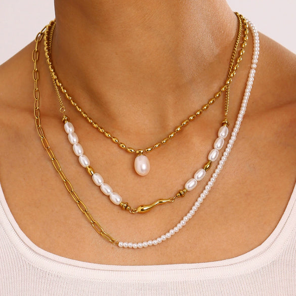 Stainless Steel And Titanium Steel Freshwater Pearl Multilayer Necklace With Geometric Design And Electroplating For Women