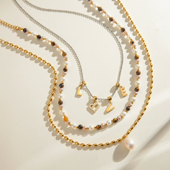 Stainless Steel And Titanium Steel Freshwater Pearl Tiger Eye Geometric Pendant Necklace For Women With Electroplating