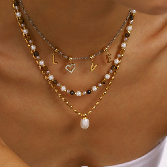 Stainless Steel And Titanium Steel Freshwater Pearl Tiger Eye Geometric Pendant Necklace For Women With Electroplating