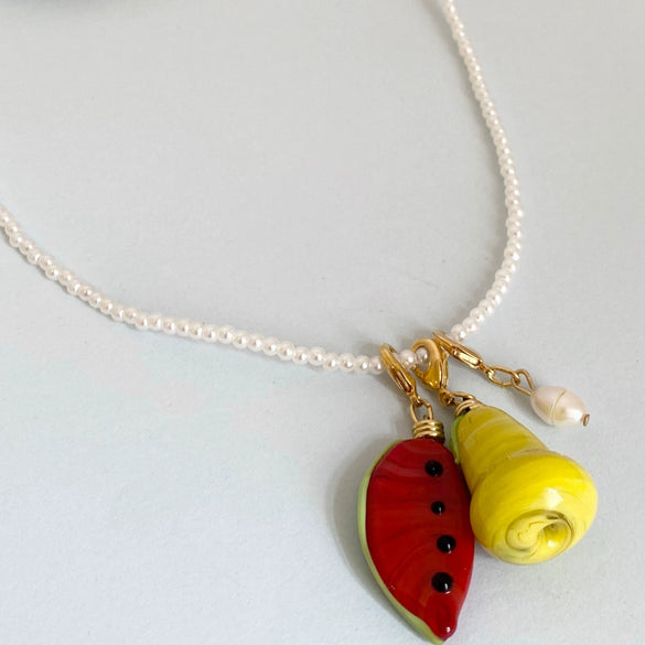 Stainless Steel And Titanium Steel Fruit Pattern Dopamine Necklace With Natural Baroque Pearl Pendant And Electroplating Design