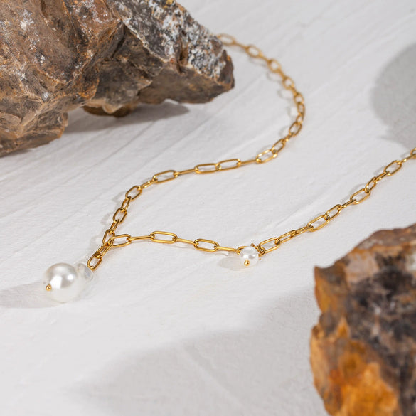 Stainless Steel And Titanium Steel Geometric Baroque Pearl Necklace With Electroplating For Women