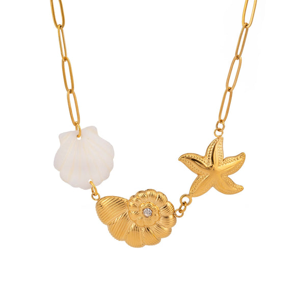 Stainless Steel And Titanium Steel Geometric Conch And Starfish Diamondencrusted Electroplated Pendant Necklace Jewelry For Women