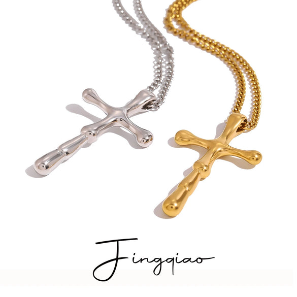 Stainless Steel And Titanium Steel Geometric Cross Necklace With Electroplating And Regular Chain