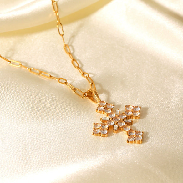 Stainless Steel And Titanium Steel Geometric Cross Pendant Necklace Inlaid With Zircon For Women