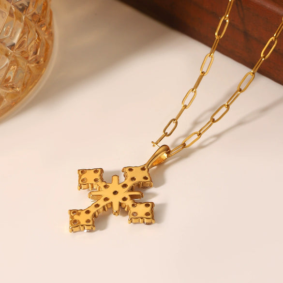 Stainless Steel And Titanium Steel Geometric Cross Pendant Necklace Inlaid With Zircon For Women