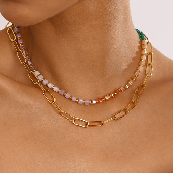 Stainless Steel And Titanium Steel Geometric Crystal Bead Necklace For Women With Electroplating