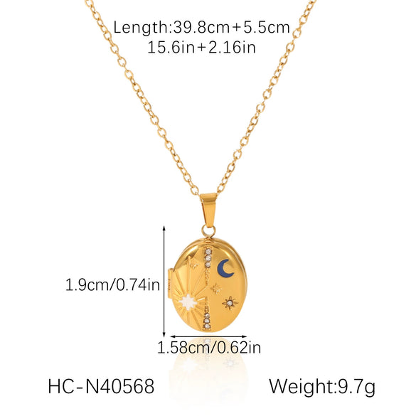 Stainless Steel And Titanium Steel Geometric Eightpointed Star Moon Magnetic Photo Box Pendant Necklace For Women With Electroplating And O Word Chain