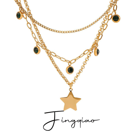 Stainless Steel And Titanium Steel Geometric Fivepointed Star Green Diamond Pendant Threelayer Electroplated Women's Necklace