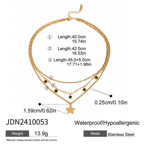 Stainless Steel And Titanium Steel Geometric Fivepointed Star Green Diamond Pendant Threelayer Electroplated Women's Necklace