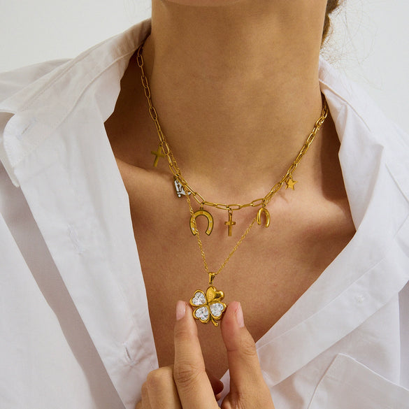 Stainless Steel And Titanium Steel Geometric Four Leaf Clover Love Women's Necklace With Electroplating