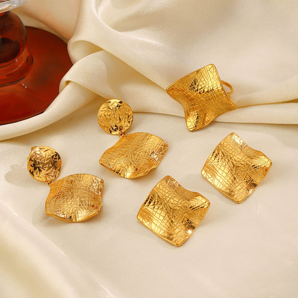 Stainless Steel And Titanium Steel Geometric French Retro Irregular Square Earrings And Ring Jewelry Suit With Electroplating