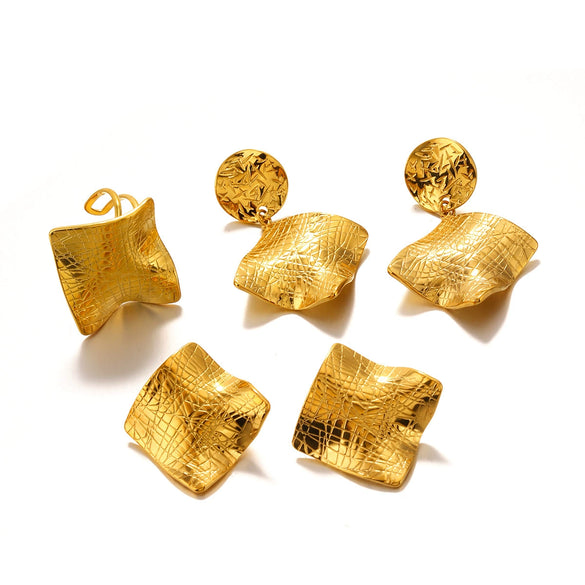 Stainless Steel And Titanium Steel Geometric French Retro Irregular Square Earrings And Ring Jewelry Suit With Electroplating