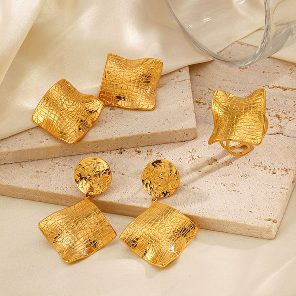 Stainless Steel And Titanium Steel Geometric French Retro Irregular Square Earrings And Ring Jewelry Suit With Electroplating