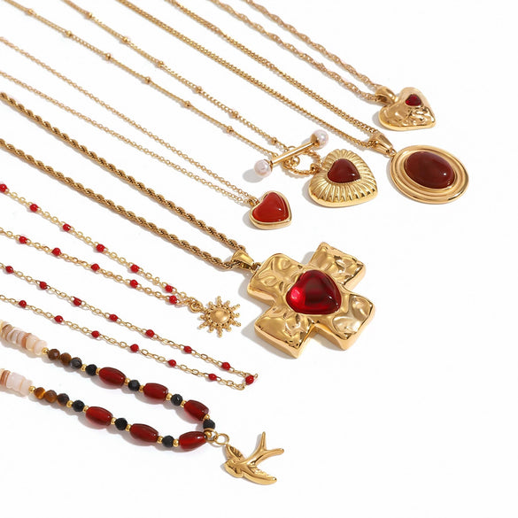 Stainless Steel And Titanium Steel Geometric Pendant Necklace With Red Agate Electroplating Style For Women
